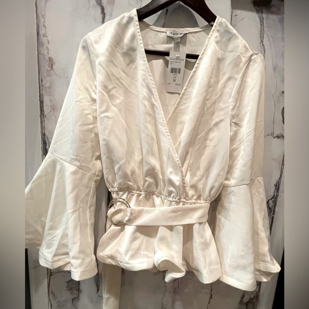 Fashion Nova-Cream Bell Sleeved Blouse with Cinched Waist, Wrap Belt, Size M - Picture 1 of 5